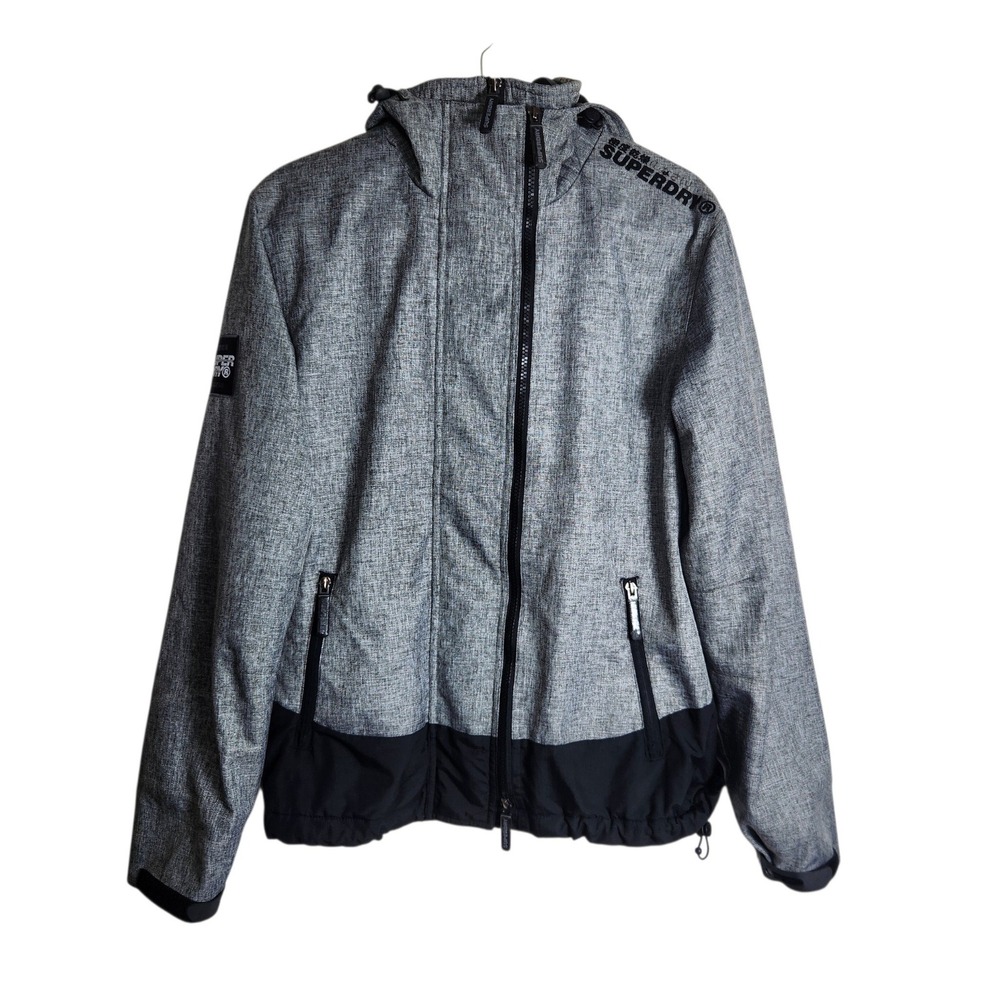 Superdry Windcheater Hooded Jacket Grey Black Marl Fleece Lined Mens Medium